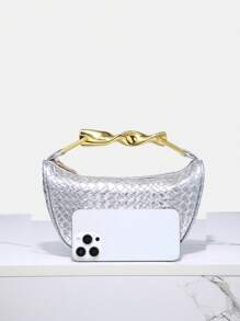 Novachic, geantă vintage din paie cu mâner metalic răsucit, geantă de vară pentru femei, mini geantă crossbody cu fermoar, geantă de umăr casual din paie țesută, perfectă pentru plajă și accesorii de vacanță