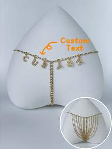 1pc Customized Crystal Letter Name, Personalized Type, Special Expression Rhinestone Metal Panty Chain, Personalized Sexy Fashion Women Thong Rhinestone Chain, Adjustable Sexy Bikini Body Chain, Holiday Party Costume Accessory, Festival Birthday Friend Gift, For Rave