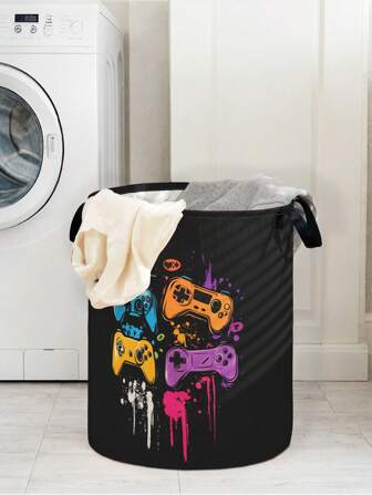 1 pieza Cesta de almacenamiento plegable y de gran capacidad con asa, con impresión de dispositivo de juego de dibujos animados. Cesta de almacenamiento multiuso para baño, dormitorio, lavandería, juguetes, artículos para bebés, cesto plegable para ropa sucia