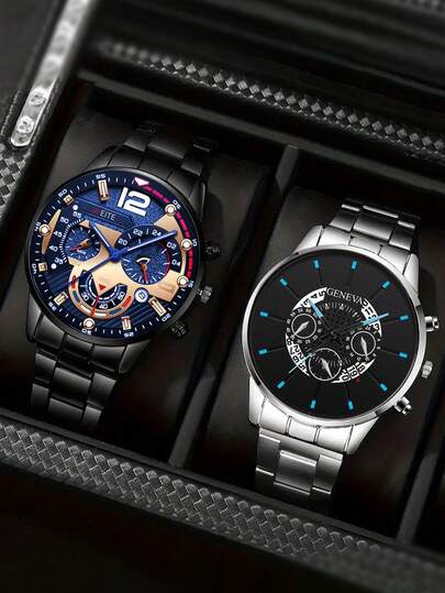 两件套新款男士商务休闲圆形石英表组合套装，情人节、新年、生日、圣诞节礼物，送给亲朋好友