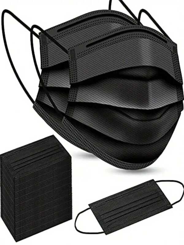 100 peças de máscaras faciais descartáveis BreathEasy para adultos - máscaras de proteção de 3 camadas, pretas, respiráveis e confortáveis, adequadas para uso diário.