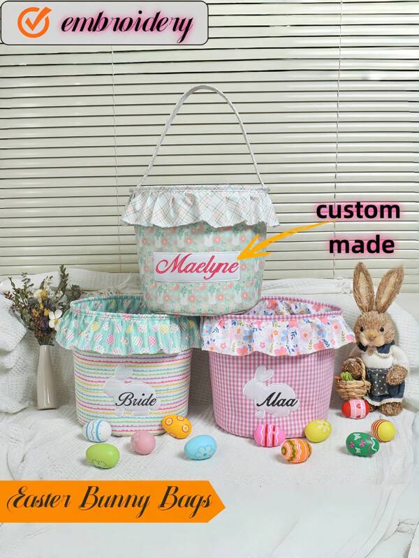 1pc Customized Personalized Blue Handle Tote Bag, Multicolored Personalized Easter Bunny Fabric Tote Basket, Baby Crib Accessories, Hospital Bag Essentials, Gray Storage Basket, Small Basket, Home Storage, Bathroom Storage, Kitchen Basket, Decorative, Personalized Easter Bunny Tote Basket In Multiple Colors