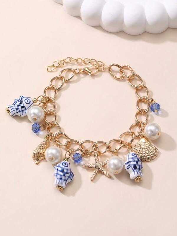 1 Stück Bettel-Armband im Boho-Stil mit Keramik-Fisch, Seestern, Muschel, Blume, Kirsche und Herz-Charm für Frauen
