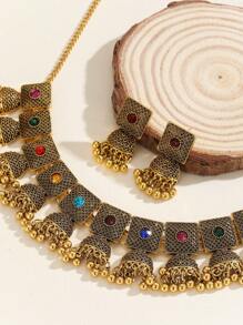 3pcs/Set Elegant Boho Style Rhinestone Jewelry Set, Includes Necklace Pendant & Jhumka Earrings, Traditional Accessories, Suitable For Women's Daily Wear, Festivals, Weddings And Parties/Jewelry Gift