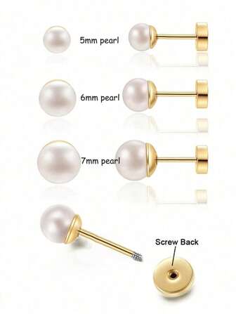 女士金色螺旋仿珍珠耳钉，平底仿珍珠耳钉，仿珍珠耳钉，防过敏不锈钢穿孔首饰，适合女孩的礼物