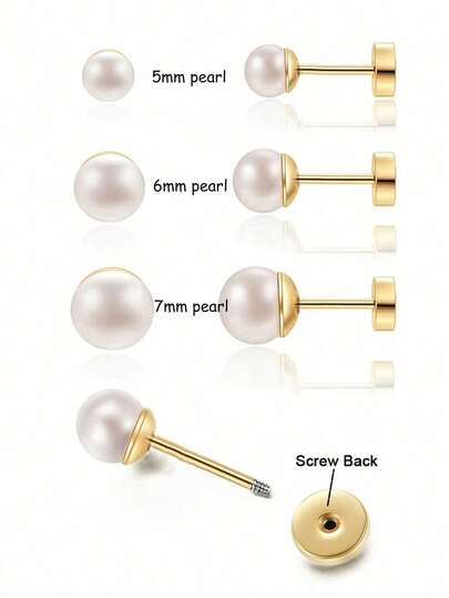 Gold Screw Back Faux Pearl Stud Earrings For Women, Flat BackFaux Pearll Cartilage Earringsfaux Pearll Helix Earrings Hypoallergenic Stainless Steel Piercing Jewelry Gift For Girls