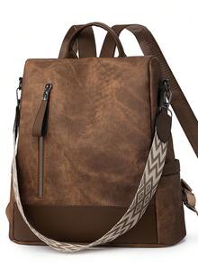 女士大学生大容量PU欧美风复古休闲背包简约通勤度假旅行户外通勤上班族多用途多用女士单肩包女包 - 棕色 - 查看 7