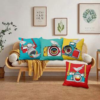 4ชิ้น ปลอกหมอนอิงลายกล้องการ์ตูน สีสันกล้องนกฮูก ทัวร์นวินเทจ ตกแต่งภายนอกและในบ้าน โซฟา ห้องนอน