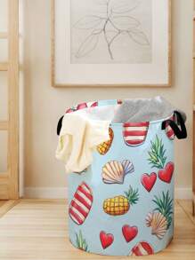 1pc Pineapple Heart Pattern Printed Large Capacity Foldable Round Storage Basket, With Handle, Multi-Purpose Storage Basket For Bathroom, Room, Laundry, Toys, Baby Items, Collapsible Dirty Clothes Hamper Laundry Basket,Basket