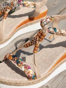WRCVS Women Beige Woven Strap Sandals, Summer Wedge Thick Bottom Sandals, Handmade Beaded Woven Patterned Random Direction, Lightweight Holiday Bohemian Style Platform Outdoor Sandals - Beige - View 8