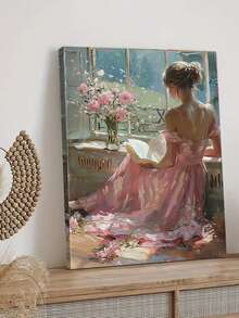 1 件帆布墙面艺术海报家居装饰礼品，捕捉身着飘逸玫瑰色连衣裙的女子之美，在盛开的鲜花环绕的阳光窗边阅读，可直接悬挂，可选带框 - 彩色 - 查看 13
