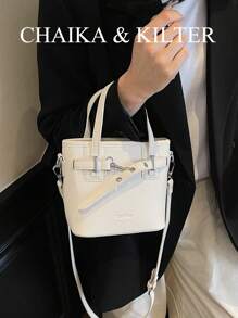 CHAIKA & KILTER 1pc Plain PU Leather Women Handbag, Fashion Litchi Texture Bucket Bag With Metal Eyelets, Dual Handles Design, Zipper Closure, Detachable & Adjustable Shoulder Strap, Suitable For Daily And Outing Use