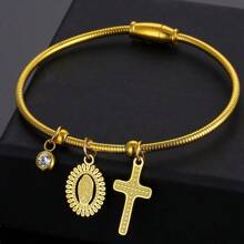 1 Stück rostfreies Stahlarmband für Männer mit 18K vergoldeter Sankt Benedikt Medaille, Kreuz und Zirkonia