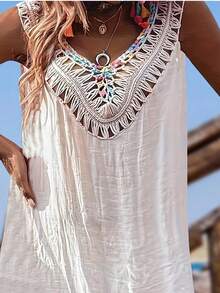 Women's Summer Vacation Style Hand Hook Spliced Colorful Knitted Thread Spliced Tassel V-Neck Pullover Hollowed Out Beach Bikini Cover Short Skirt - 白色 - 查看 3