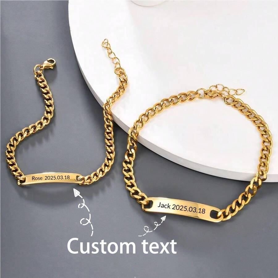 2 piezas Pulseras de pareja personalizadas de acero inoxidable, con letras personalizables, regalo de moda versátil y perfecto - Multicolor - Ver 1
