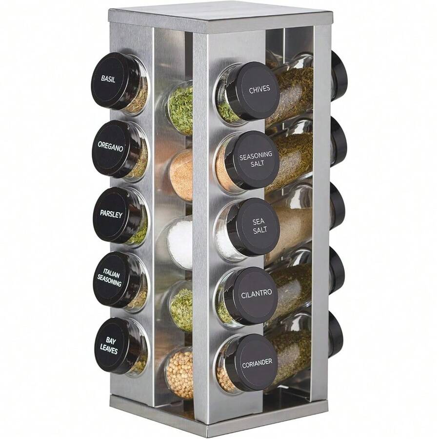 Kamenstein 20 Jar Heritage Revolving Countertop Spice Rack Organizer With Spices Included, FREE Spice Refills For 5 Years, Brushed Stainless Steel With Black Caps - 1 - View 1