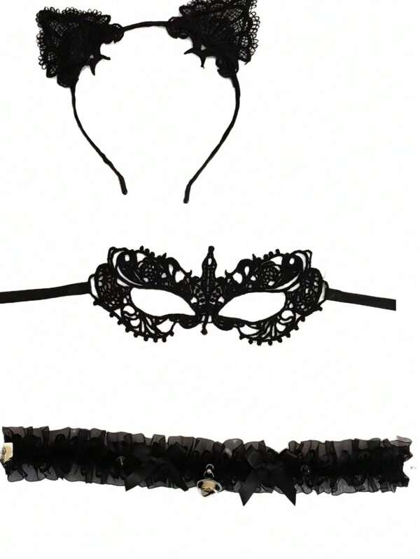 3pcs Black Lace Cat Ear Headband, Black Bell Necklace, Party Costume Masquerade Accessories, Cat Girl Roleplay, Halloween Mask