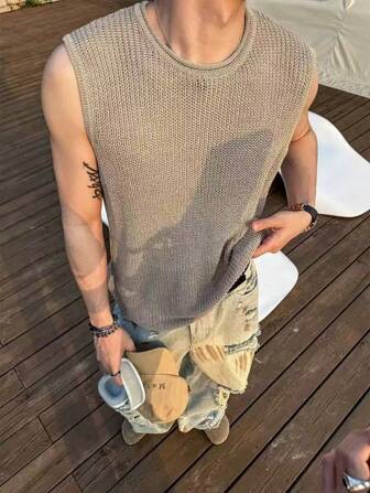 BAI YUE 男士复古街头宽松无袖针织汗衫，返校服，街头服饰