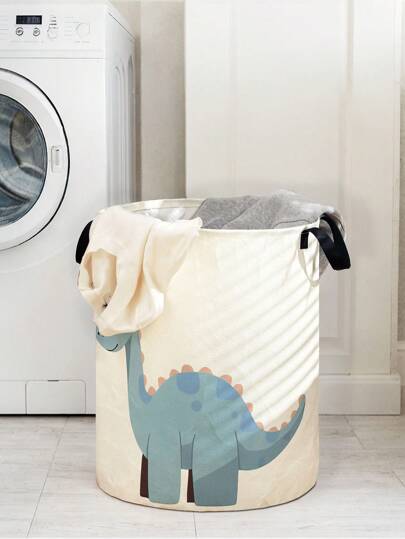 1 pieza Cesta de almacenamiento plegable redonda de gran capacidad con estampado de dinosaurio y asa, de uso múltiple para baño, habitación, lavandería, juguetes, organizador de suministros para bebé, cesto plegable para ropa sucia, cesta