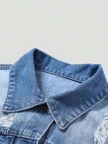 Distressed Hem Pocket Denim Jacket, Casual Street Style Versatile Fit, Elastic-Free, Suitable For All Seasons - Medium Wash - View 4