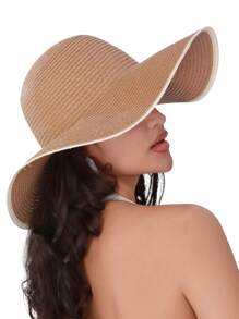 1pc Grass Edge Banding Women Solid Boho Straw Hat For Vacation Fashionable Women's Spring/Summer Beach Hat With Wide Brim, Sun Protection, And Personalized Woven Straw Hat For Travel And Vacation Bow