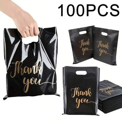 100pcs Elegant "Thank You" Gift Tote Bags - Black & Gold Cursive Lettering Reusable Plastic Shopping Bags, Flat Paper Bags, Plastic Carrier Bags, Wedding Party Birthday Gift Packaging Bags, Jewelry & Cosmetics Storage Totes. Perfect For Retail Stores, Boutiques, Parties, Corporate Events, Birthdays, Holiday Packaging, Christmas & Valentine's Day.