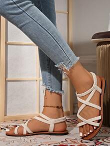 Bohemian Fashion Women's Flat Elastic Band Casual Summer Home Party Beach Sandals - Beige - View 8