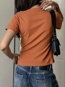 Camiseta estampada de mujer moderna, casual, sencilla y versátil. - Naranja - Ver 2