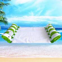 1pc Green Striped Inflatable Floating Bed, Foldable Backrest Swimming Pool Float, Multifunctional Lounger Hammock - Green - View 4