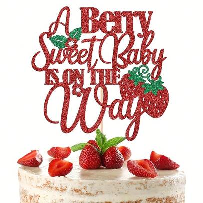1pc A Berry Sweet Is On The Way Cake Topper, Strewberry Themed Newborn/Pregnancy Announcement/Gender Reveal/Party Cake Decorations Supplies