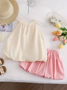 两件套年轻女孩可爱清新公主风格无袖郁金香印花吊带背心和休闲裙套装，户外装