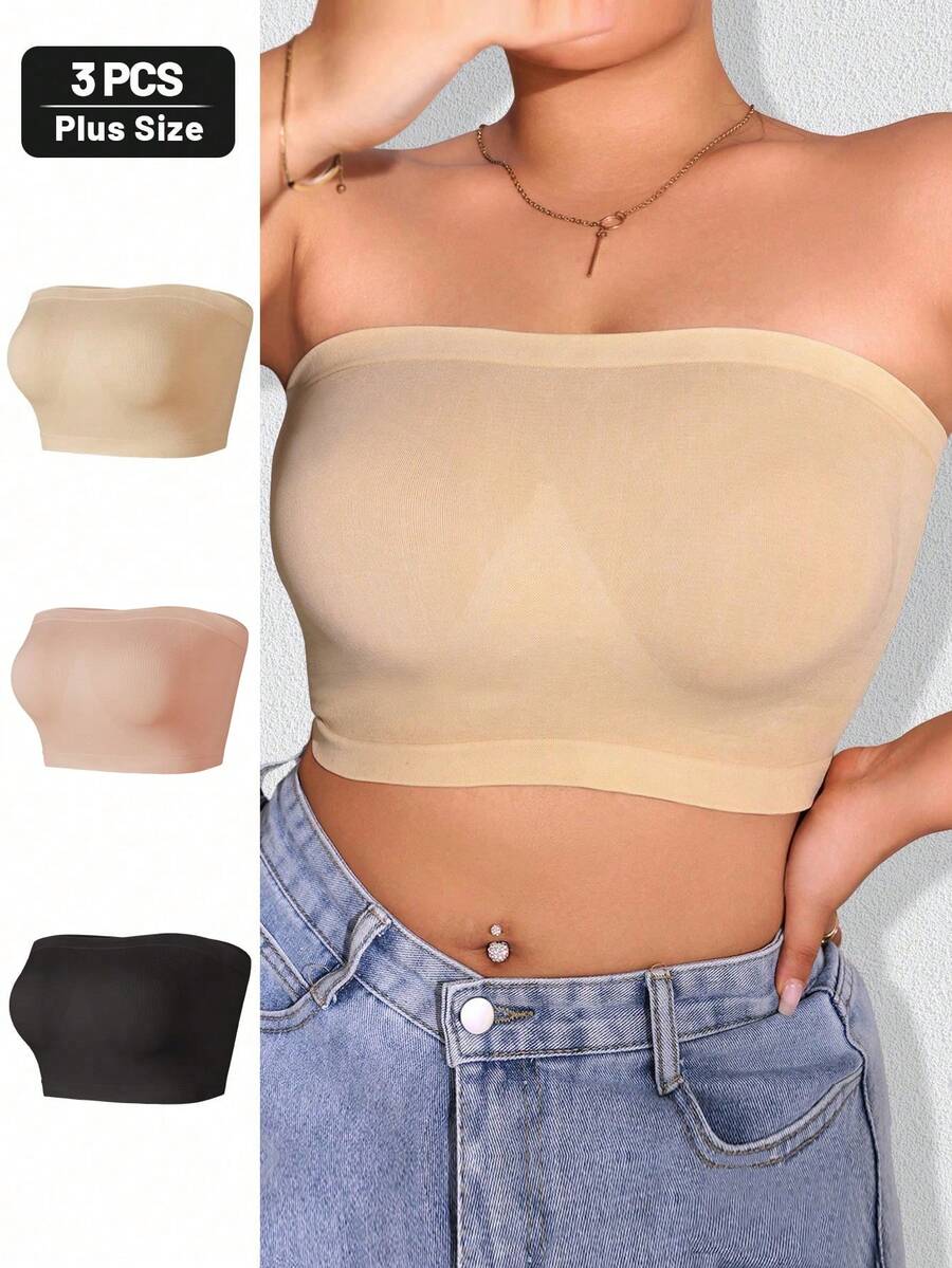 3pcs/Set Plus Size Strapless Invisible Seamless Bandeau Bras For Women - Multicolor - View 1