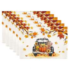 4/6 peças de caminho de mesa de Ação de Graças de outono, capa de mesa de poliéster reutilizável e lavável à máquina com abóbora, folha de bordo, girassol e design "Olá Outono" para decoração sazonal de jantar em casa
