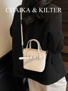 CHAIKA & KILTER 1pc Plain PU Leather Women Handbag, Fashion Litchi Texture Bucket Bag With Metal Eyelets, Dual Handles Design, Zipper Closure, Detachable & Adjustable Shoulder Strap, Suitable For Daily And Outing Use