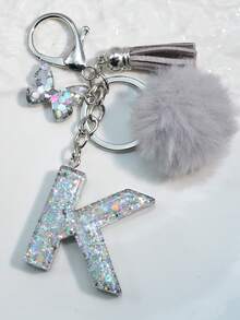 1 件首字母银色闪光钥匙扣，树脂滴蝴蝶吊坠，包/车装饰，男女通用礼物汽车配件包魅力学校可爱哥特 Y2k - 銀色 - 查看 7