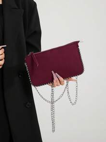 1pc Women's Red Chain Shoulder Bag, New Fashion Charm Beaded Crossbody Clutch Purse , New Year - Burgundy - View 9