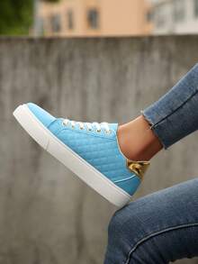 Nouvelles baskets plates et décontractées pour femmes avec bout rond, lacets et semelle antidérapante, en noir. Diverses options de couleurs, convient pour le printemps et l'automne - Bleu azur - Voir 7