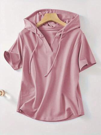 女士夏季套头衫连帽 V 领设计运动时尚短袖 T 恤上衣，适合假日沙滩运动、休闲日常穿着、居家、通勤、休闲、聚会、办公室、度假