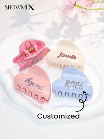 New Bright Color Heart-Shaped Hair Clip, Premium Versatile Claw Clip, Handmade Diamond-Encrusted, Customizable Logo/Name, Simple & Cute Hair Accessory For Women, Suitable As Gift For Mom Or Girlfriend