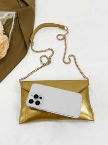 Bolsa de Ombro de Couro Simples da Moda Feminina, Bolsa de Mão com Corrente de Metal Nobre, Jantar de Encontro, Meninas Jovens, Casais Namorando, Jantar de Negócios