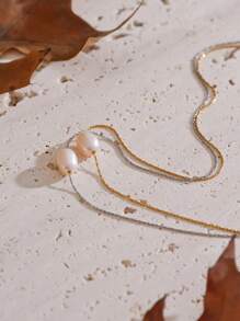 1pc Cultured Pearl & Copper Gold Plated Necklace, Simple & Fashionable, Suitable For Women's Daily Wear, Party, Gift