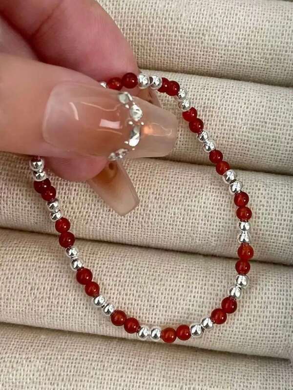 Pulsera de plata de ley 925 con cuentas de ágata roja, dulce y versátil, ligera y minimalista, con acento rojo para un aspecto elegante, excelente como regalo para amigos
