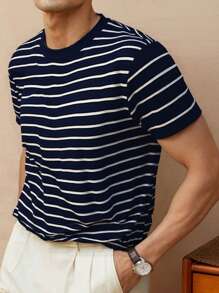 Men's Striped Knit Crew Neck Short Sleeve T-Shirt, Casual & Business Slim Fit, Breathable For Summer