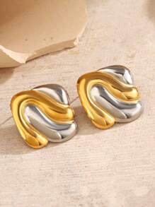 2 Pieces Of Stainless Steel Personalized Elegant Women's Fashion Gold Steel Color Color Blocked Geometric Water Ripple Shaped Earrings Suitable For Women's Daily Summer Shopping And Travel Wearing Earrings