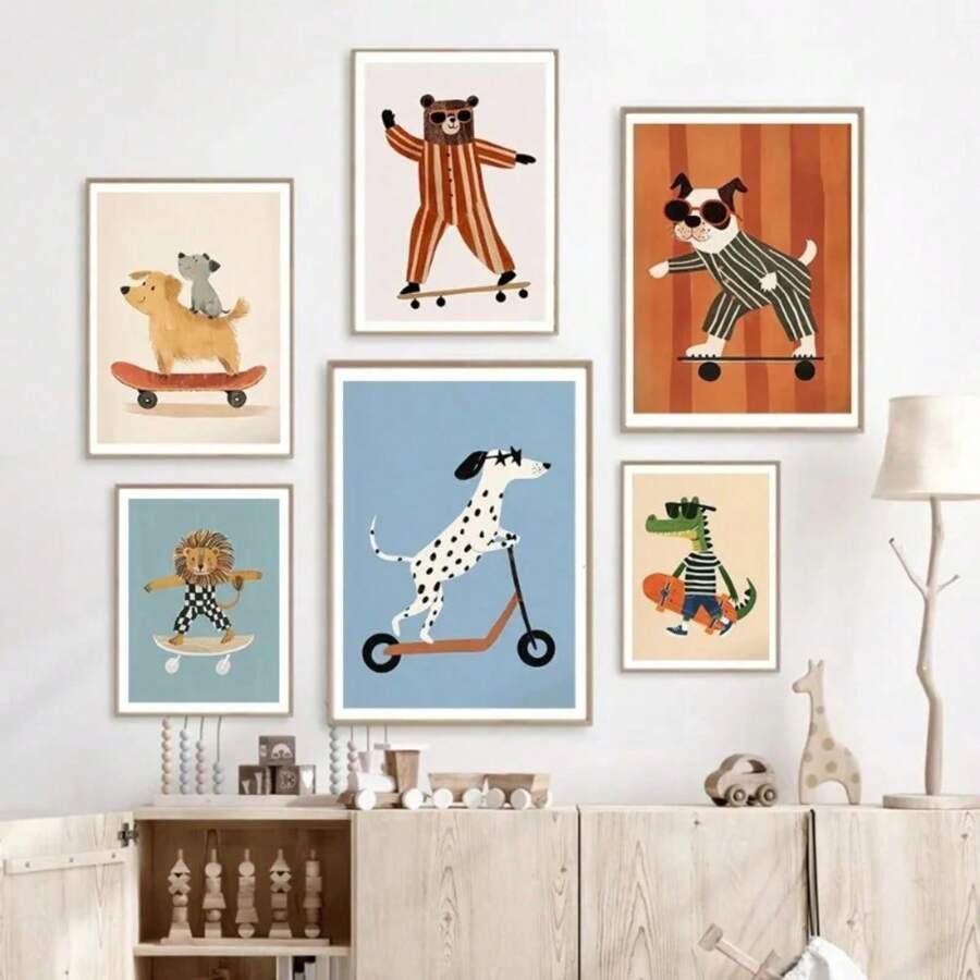 1pc Gift Funny Animals Rabbit Dog Cat Skateboard Posters Prints Wall Arts Canvas Nursery Picture For Baby Room Decor Optional Frame