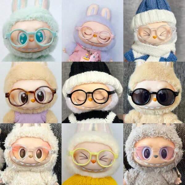 Lunettes rondes avec cadre transparent coloré, accessoires de poupée en peluche, lunettes rondes mignons avec cadre noir, décorations de poupée - Lunettes seulement, poupée non incluse