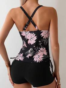 Women's Large Floral Print Open Back Two Piece Tankini Swimsuit, Suitable For Beach Vacation - 紅色 - 查看 3