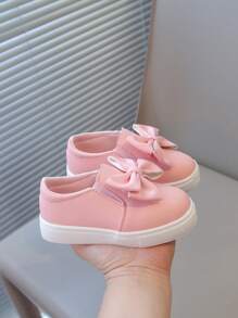 1 Pair Girls Bowknot PU Slip-On Cute Flat Children Casual Shoes, Suitable For Spring & Autumn