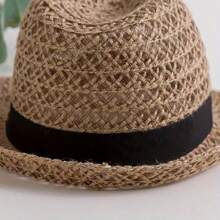 1pc Breathable Mesh Fedora & Straw Hat - Outdoor Sun Protection, Casual Style Unisex, Coffee Brown With Black Ribbon Details, Breathable Material Casual Headwear | Fashionable Brimmed Hat | Mesh Material Hat, Sun Protection Shiny Boho Grass