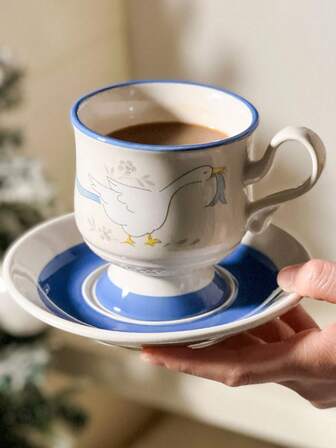 1 pieza Taza y platillo de cerámica con diseño de ganso de estilo coreano, de alta calidad, adecuado para el hogar, la oficina, el café, la leche, el té, un gran regalo para tu pareja, amigo, cumpleaños, Navidad, Día de San Valentín
